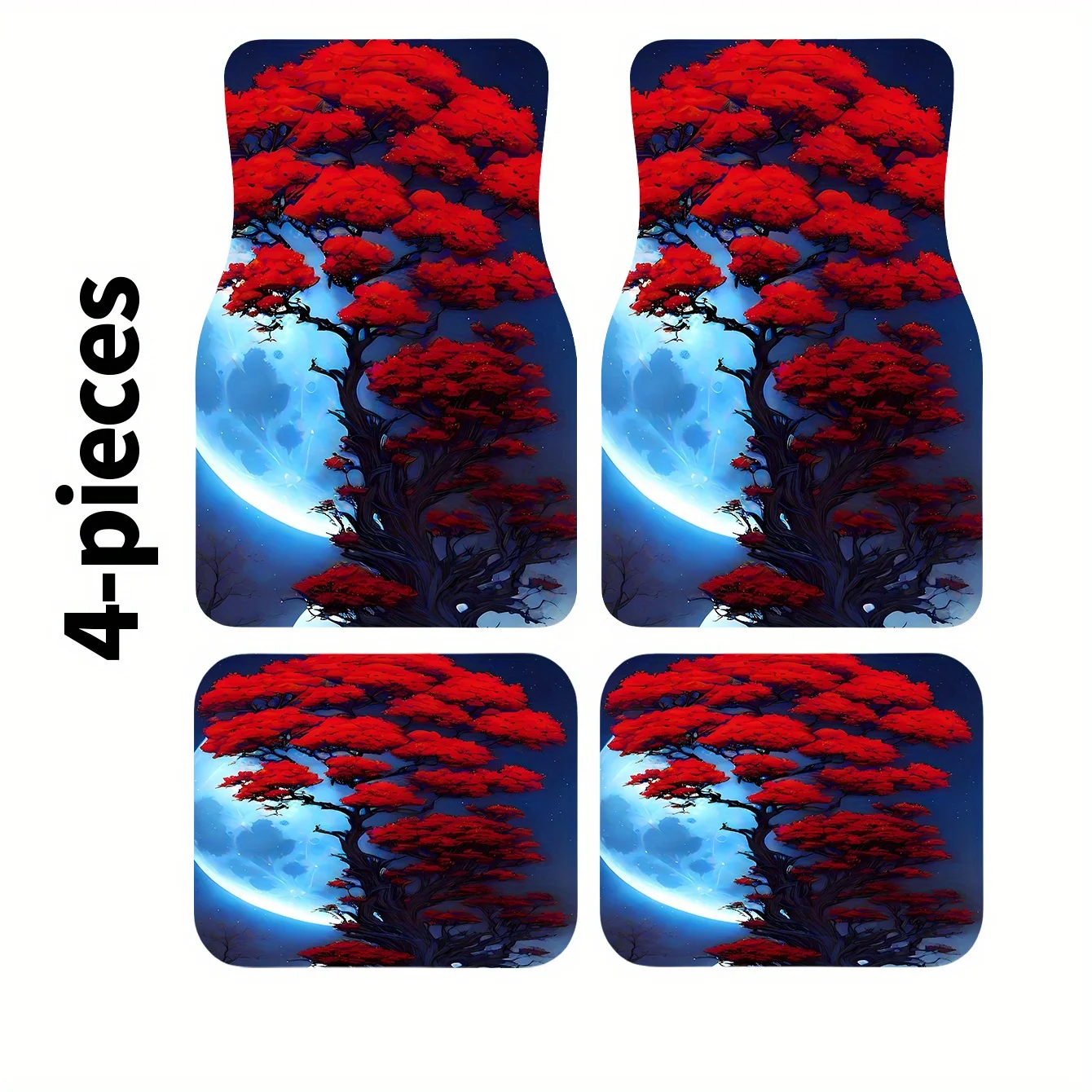 

4pcs Set Red Tree Mapping In Front Of Bright Moon Printed Fashion Car Floor Mats | Easy To Clean, Polyester, Universally Applica