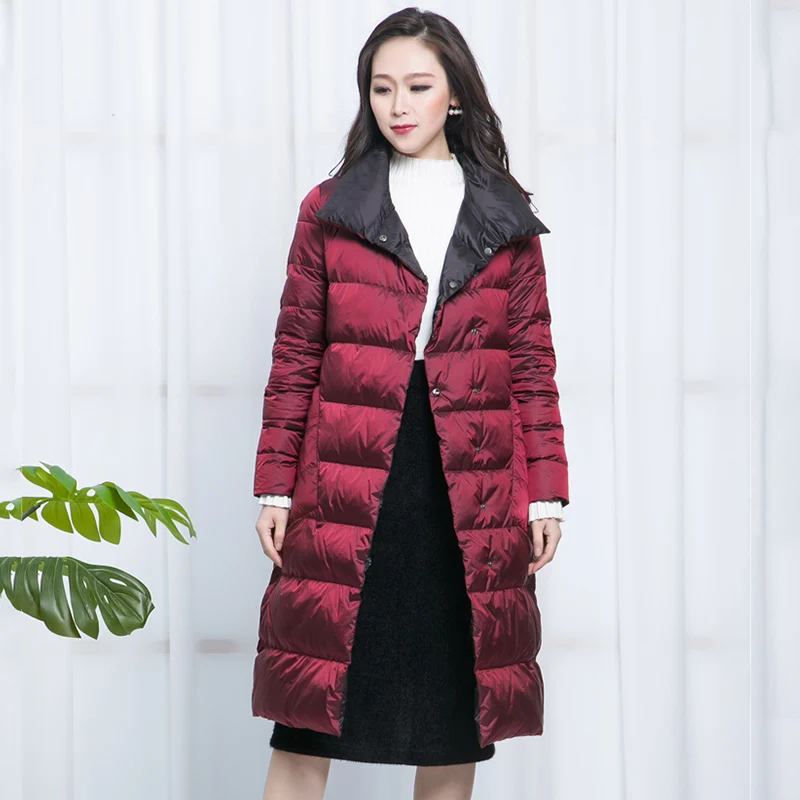 FTLZZ New Women Double Sided Down Long Jacket Winter Turtleneck White Duck Down Coat Double Breasted Warm Parkas Snow Outwear