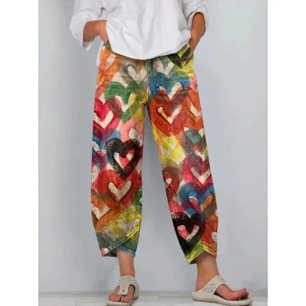 Damen Baumwoll-Caprihose, locker geschnitten, lässig, Boho-Stil, weites Bein, knöchellang, Vintage, elastischer Bund, Sommer, Strandurlaub, Alltagskleidung – Detail 6