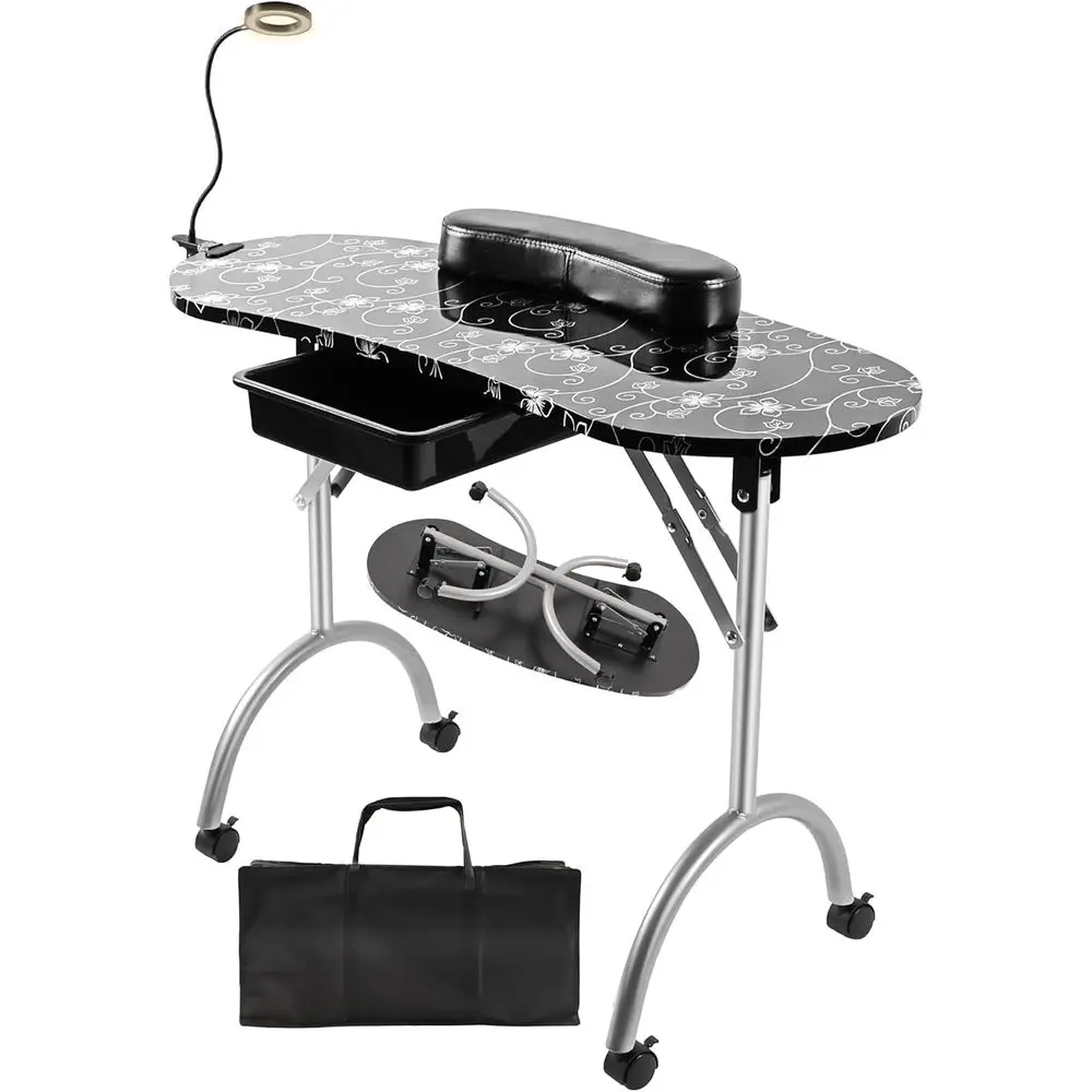 

Portable Manicure Table with LED Light, 4 Wheels, Carry Bag, and Wrist Cushion (Black, 30 Height)