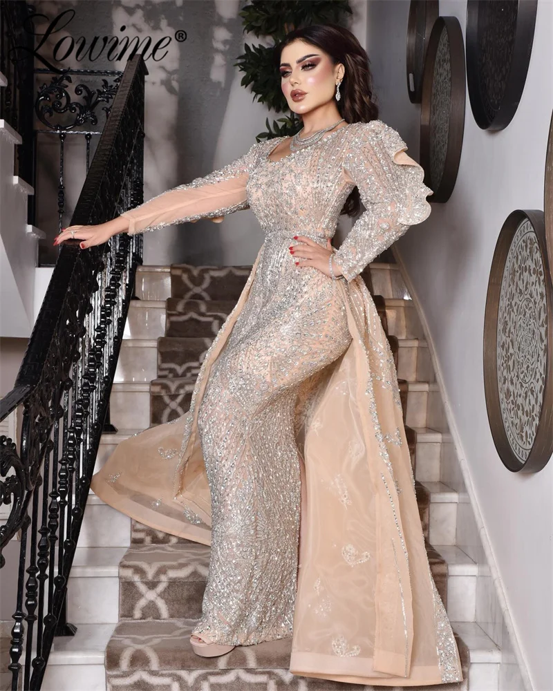 Dubai Design Glitter Crystals V Neck Champagne Evening Dresses Long Sleeves Formal Middle East Luxury Women Celebrity Prom Dress