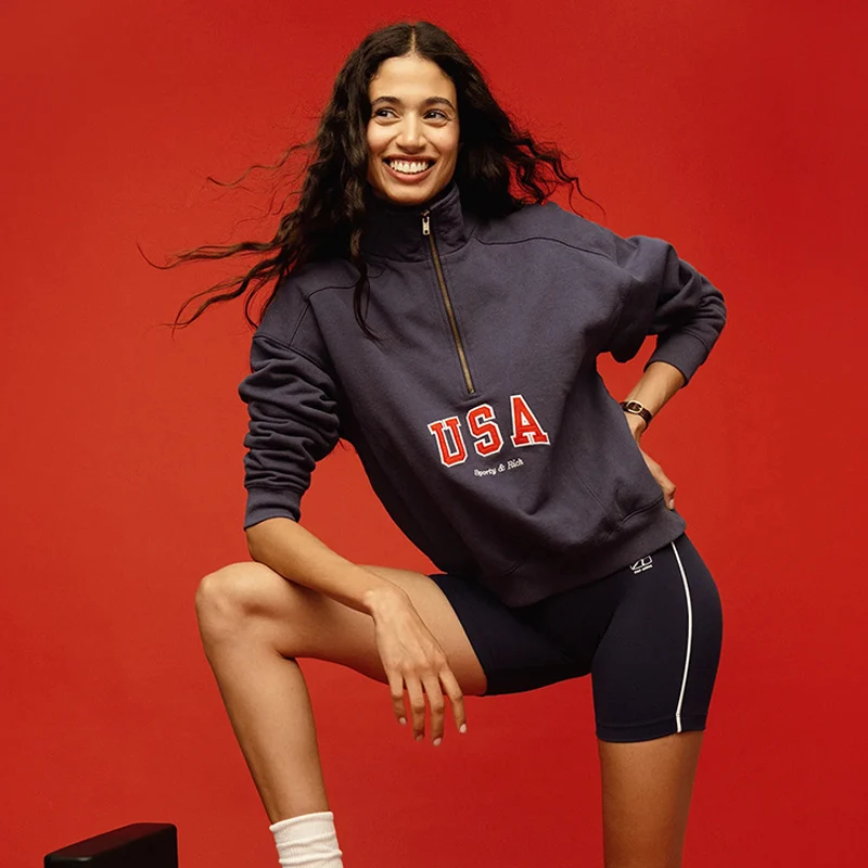 レトロジッパー付きルーズフィットスウェットシャツ、アメリカンスタイル秋冬新作プリント入り、カジュアルトップス、レディースストリート系