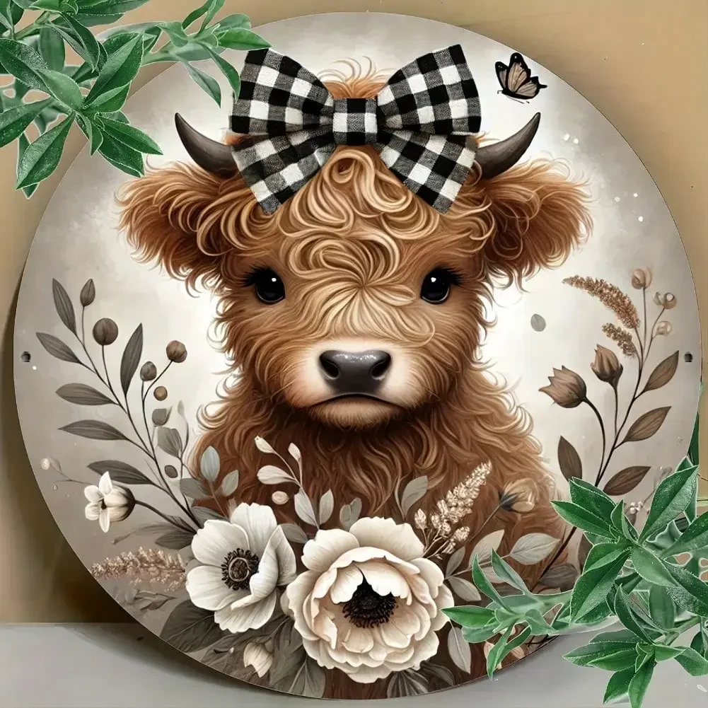 1Pc Round Wooden Highland Cow Sign - Floral Wreath Checkered Bow Tie Decor for Home/Kitchen/Garden/Office