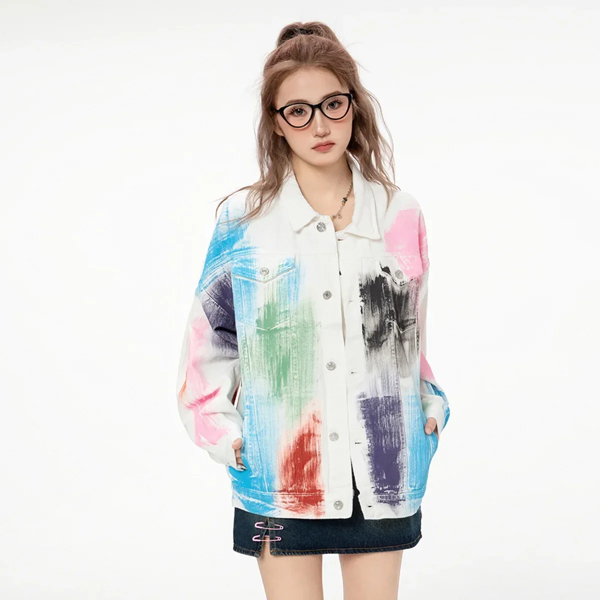 Ladies Painted Spray White Denim Jacket Oversize Mens Single-breasted Button Up Loose Casual Couple Colour Decoration Jackets