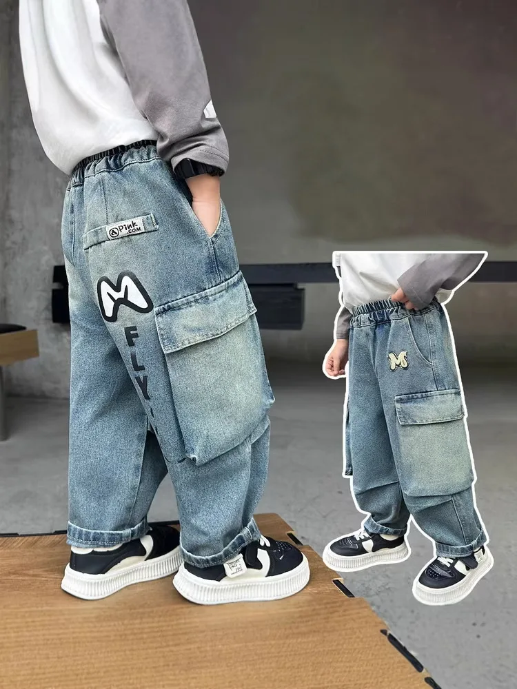 Spring Autumn Kids Boys Jeans Pants Children's Clothing Cargo Pants 2-10 Year Multi-Pocket Girls Denim Pants Children Trousers