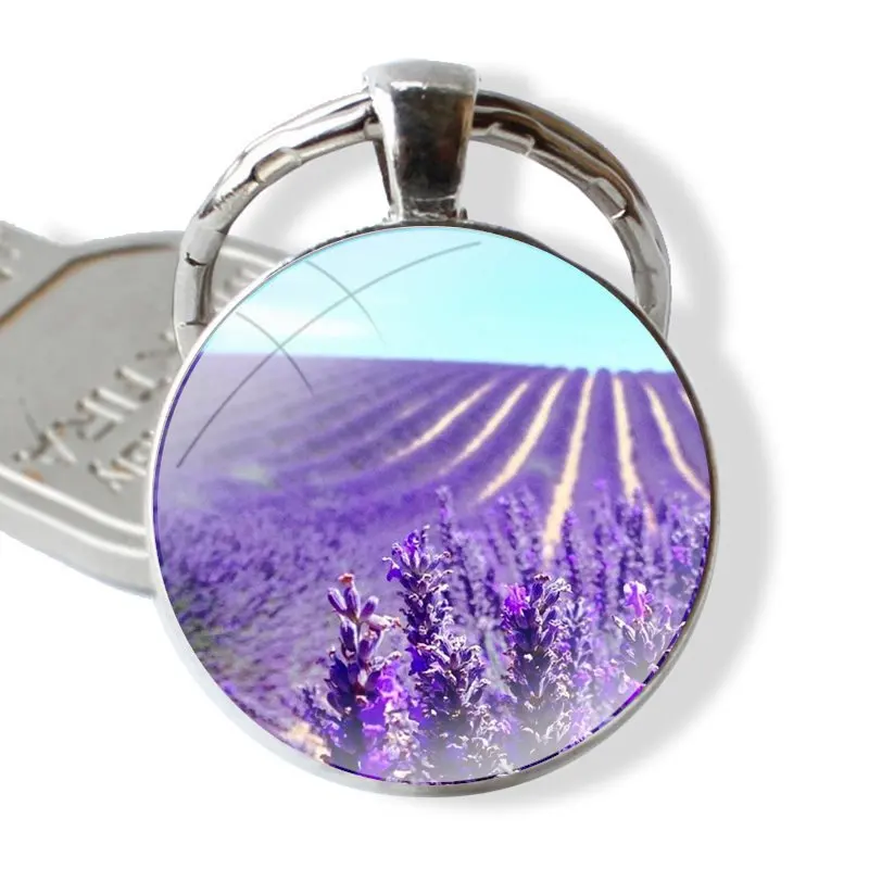 lavender Purple flowers Keychain Handmade Glass Cabochon Key Ring Holder Pendant Key Chains image 3