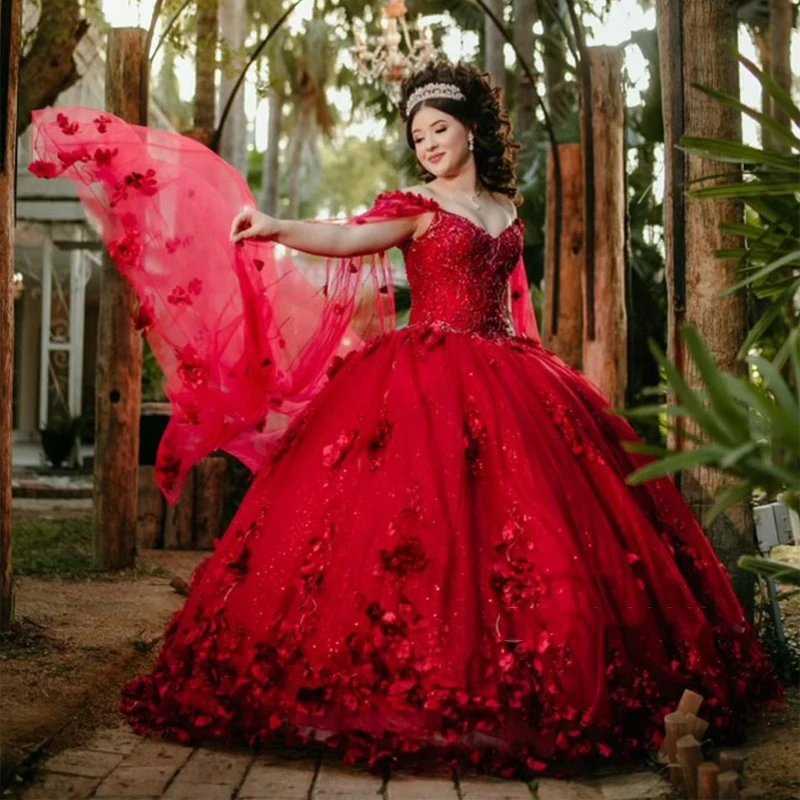 Angelsbrief vestido de baile vermelho quinceanera vestidos com cabo vestidos de 15 años brilhante lantejoulas 3d-applique vestido de festa de formatura