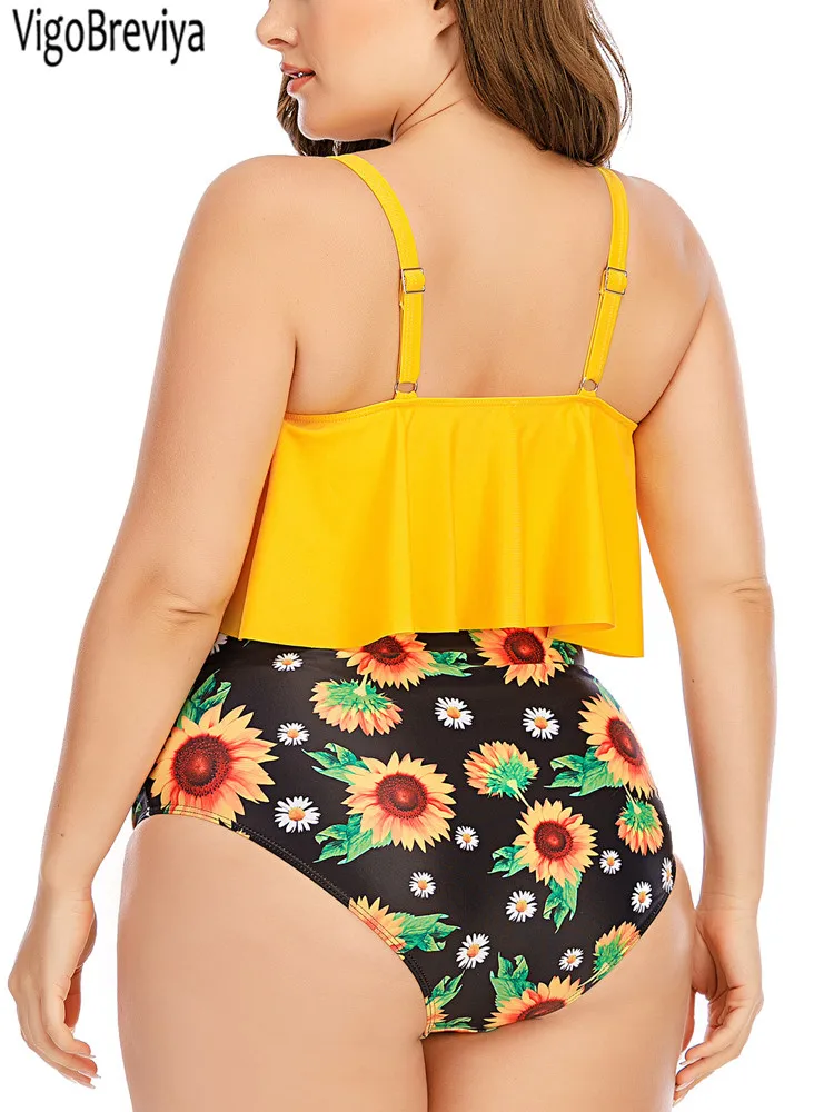 VigoBreviya 2024 Yellow Ruffle 2 Piece Plus Size Tankini Women High Waist Curvy Swimsuit Lady Brazilian Beach Big Bathing Suit