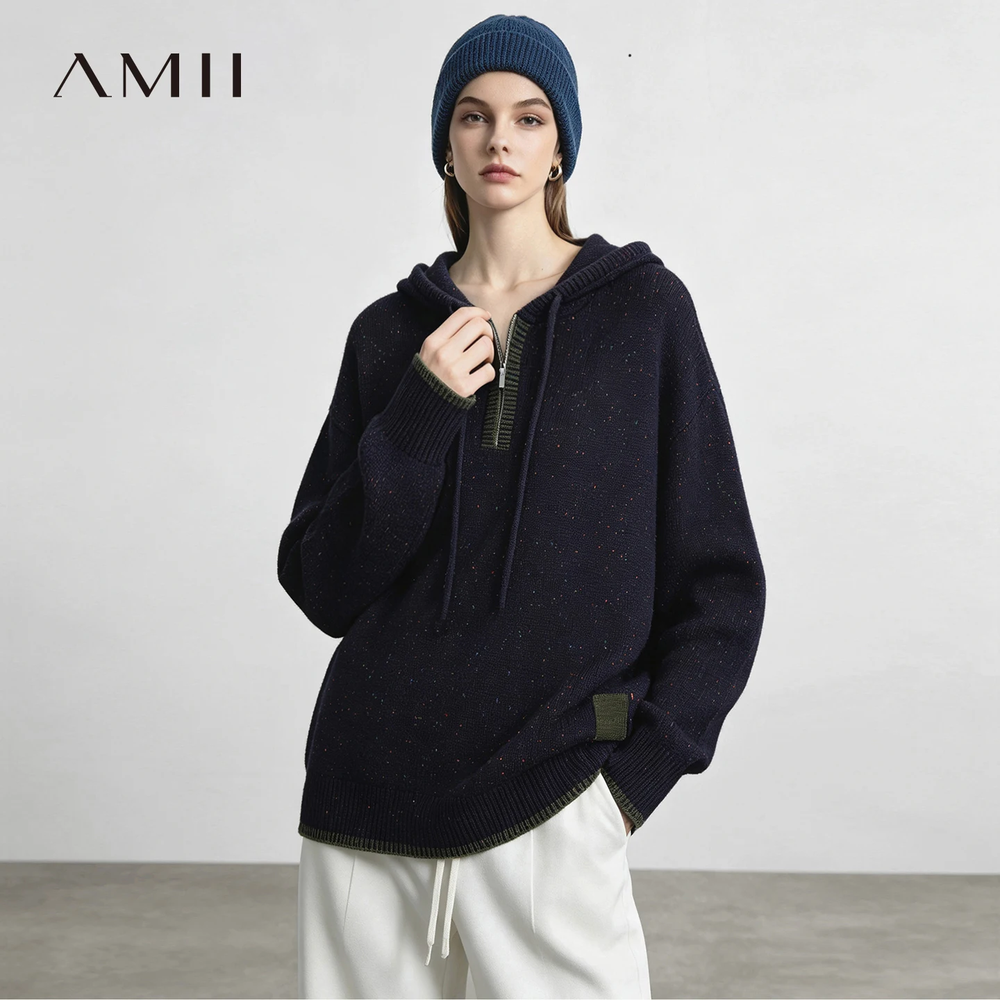 Amii Half-Zip Hooded Color Block Knit Pullover Drop Shoulder Loose Fit Casual Commuter 2026 Winter Women's Sweaters 12654035