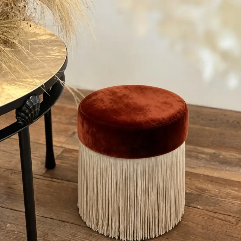 luxury Tassel Round Ottoman Stool Velvet Padded Top Geometric Jacquard Waist Decor Long Fringe Footrest Entryway Shoe Stool