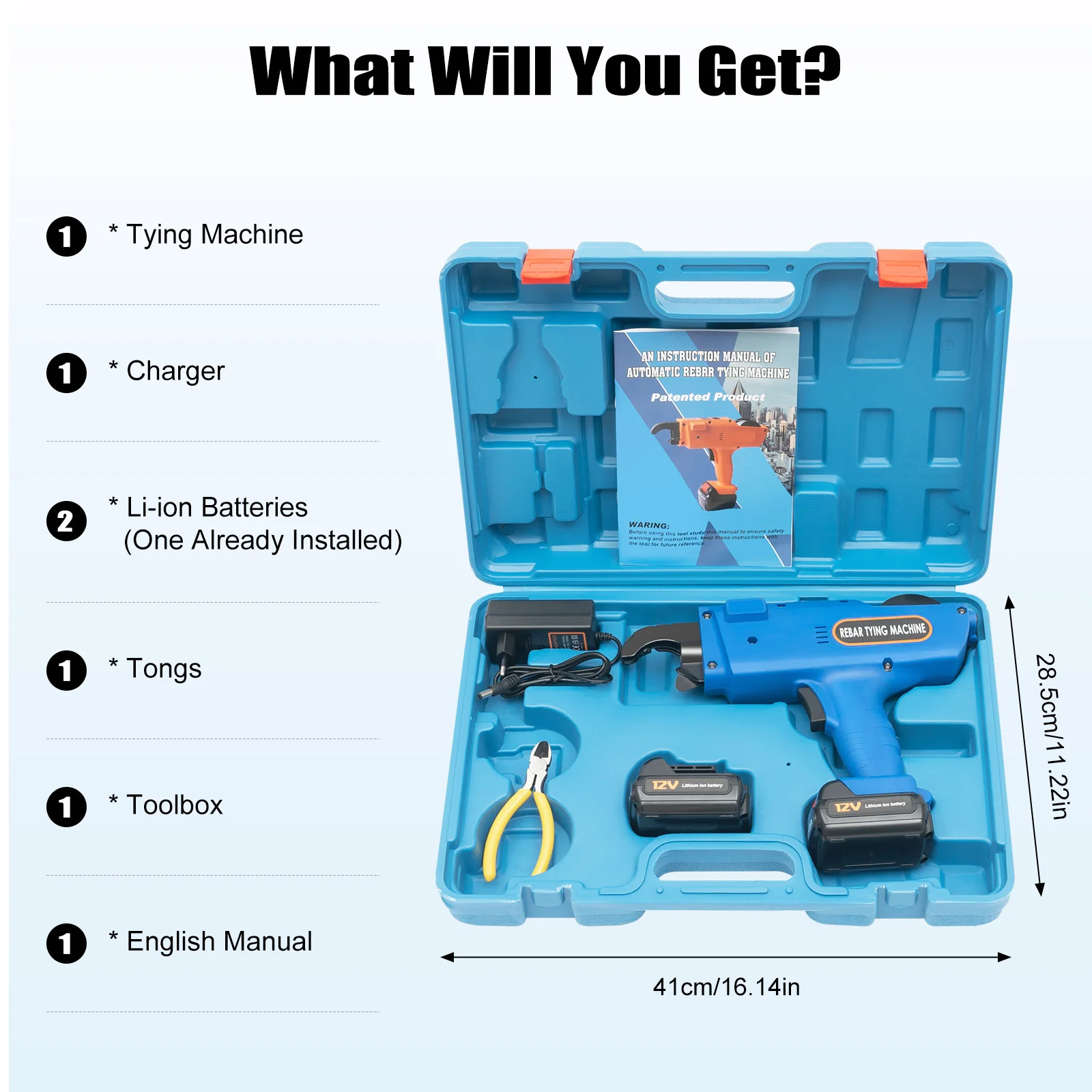 8mm-34mm Automatic Rebar Tier Binding Machine 12V 4500mAh Electric Handheld Rebar Tying Machine Wire Pliers Tool Kit w/Batteries