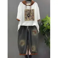 Vintage Plus Size Jeans Set Women's Two-Piece Outfit Casual Suit Denim Pants  Ladies Hooded T-Shirt Printed Jeans Sets - Image 2