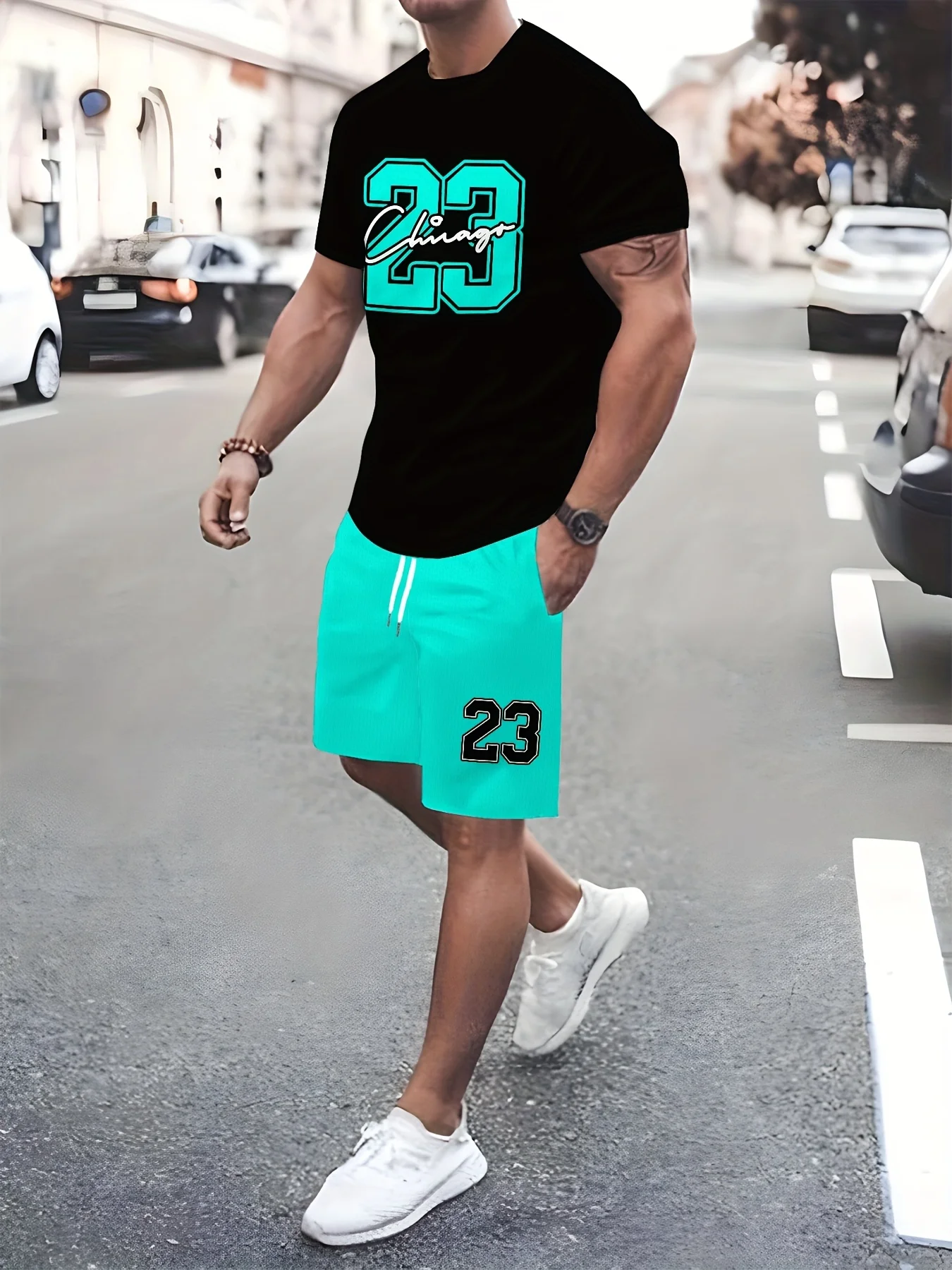 夏の売れ筋メンズスポーツスーツ メンズストリートウェア必須アイテム プリントTシャツ メンズカジュアルスーツ 速乾性と通気性