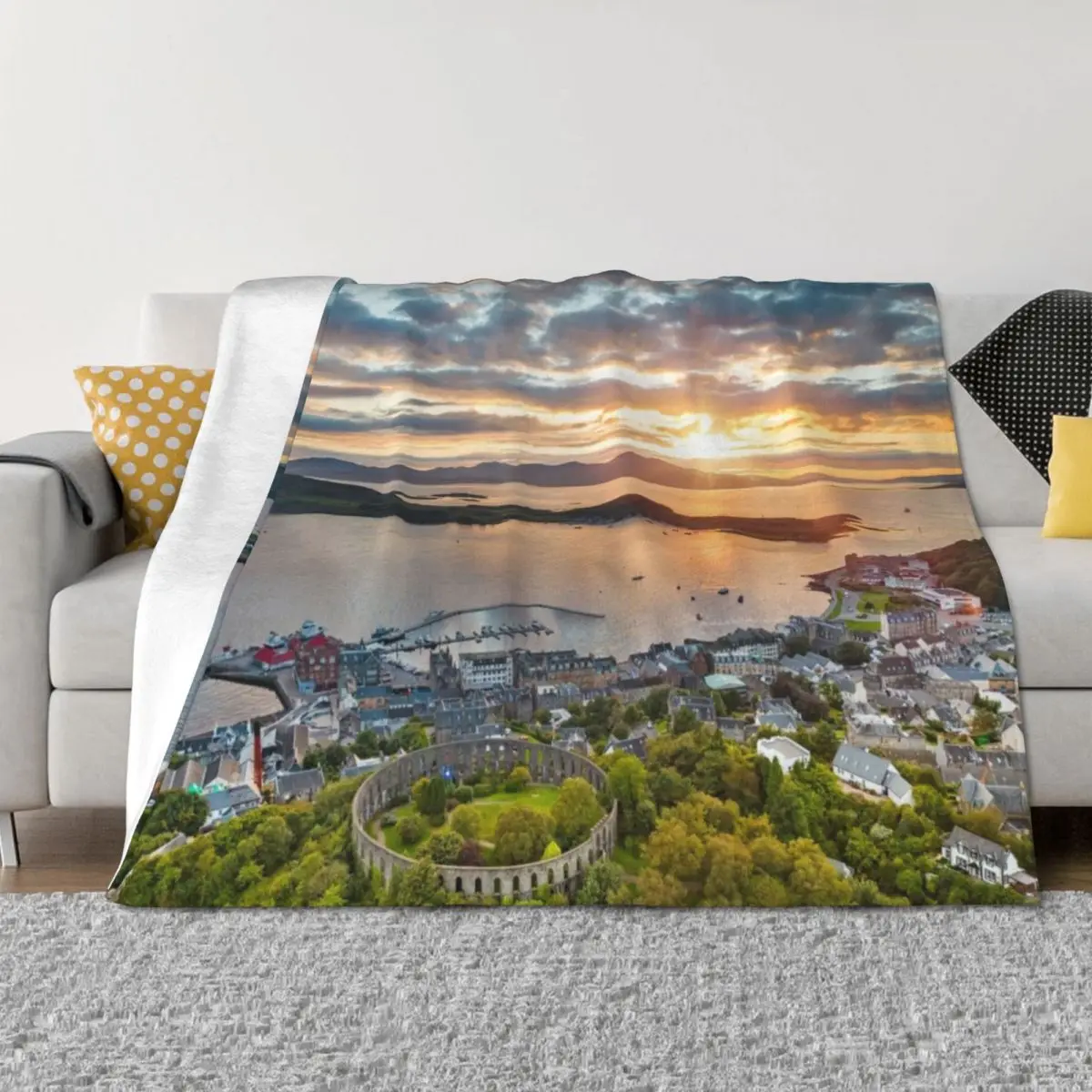 

Sunset over beautiful Oban, Scotland - Scottish Landscape Photography Throw Blanket Luxury St Decoratives Luxury Blankets