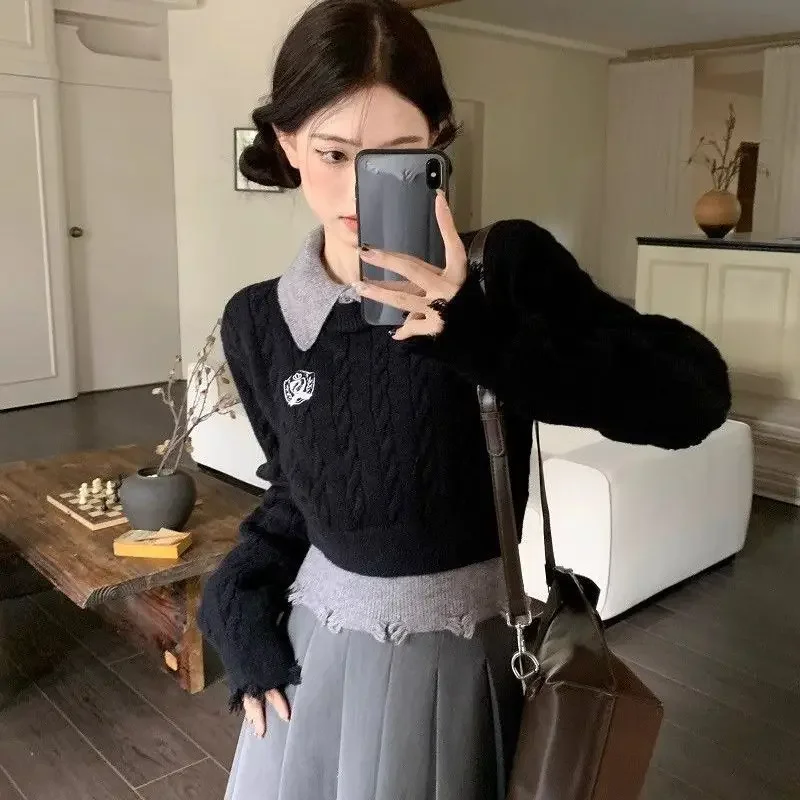 Deeptown Preppy Style Pullovers Women Vintage Knitted Sweater Korean Style Elegant Autumn Winter Aesthetics Patchwork Sweaters