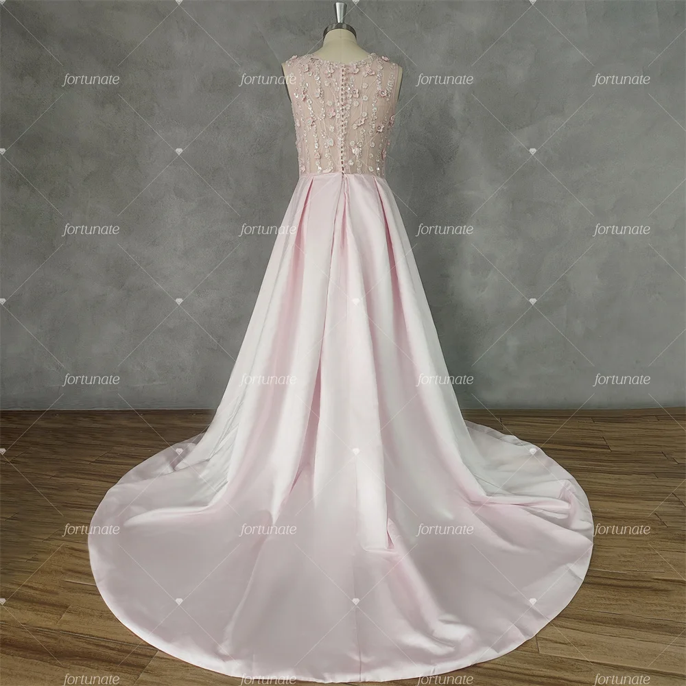 Princess A Line Pink Prom Dress 2024 Side Slit O-Neck Sleeveless 3D Floral Lace Applique Homecoming Graduation Formal Party Gown