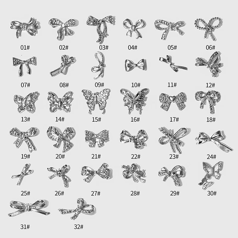 간단한 얇은 나비 매듭 활 타이 실버 트위스트 합금 네일 아트 라인석 장식, 매니큐어 참, 10 개