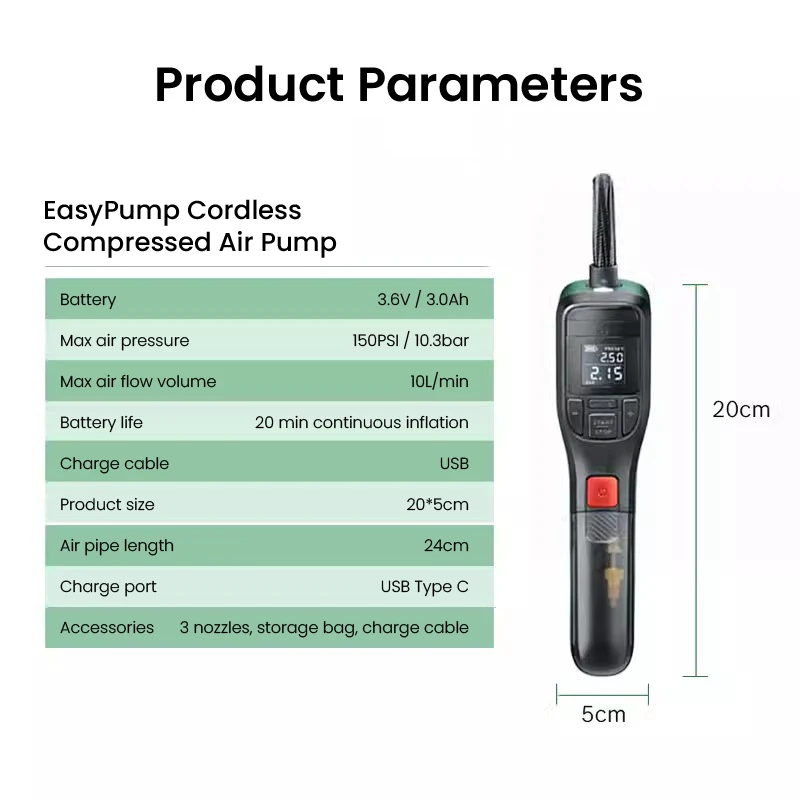 Original Bosch EasyPump Cordless USB Rechargeable Air Pump Mini Portable Air Compressor for Bicycle Motorcycle Car Use