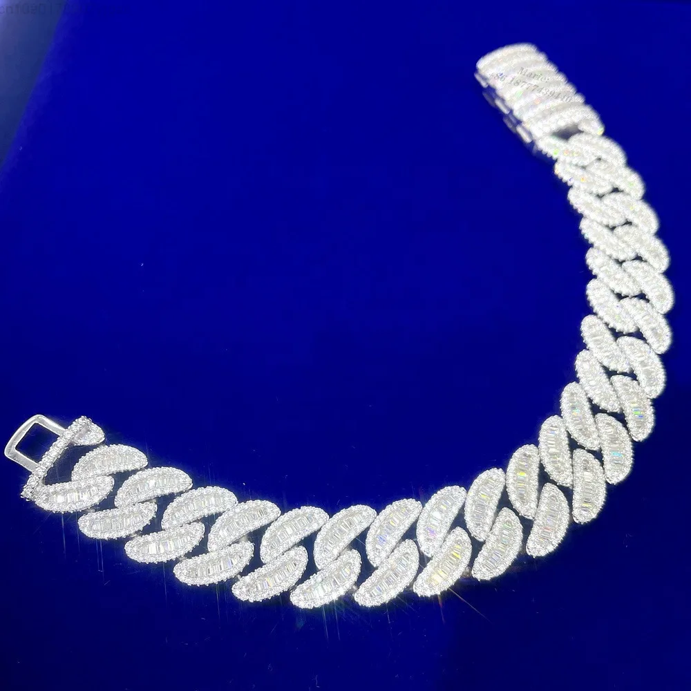 

High Quality Icedout Baguette Moissanite Chain S925 Plated Gold Cuban Link Bracelet Men Bracelets Cuban Chain