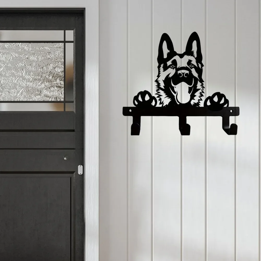 German Shepherd Portrait Wall Hook Black Metal Key & Leash Rack with 3 Hooks, Ideal for Kitchen, Bathroom, and Bedroom Key Holde