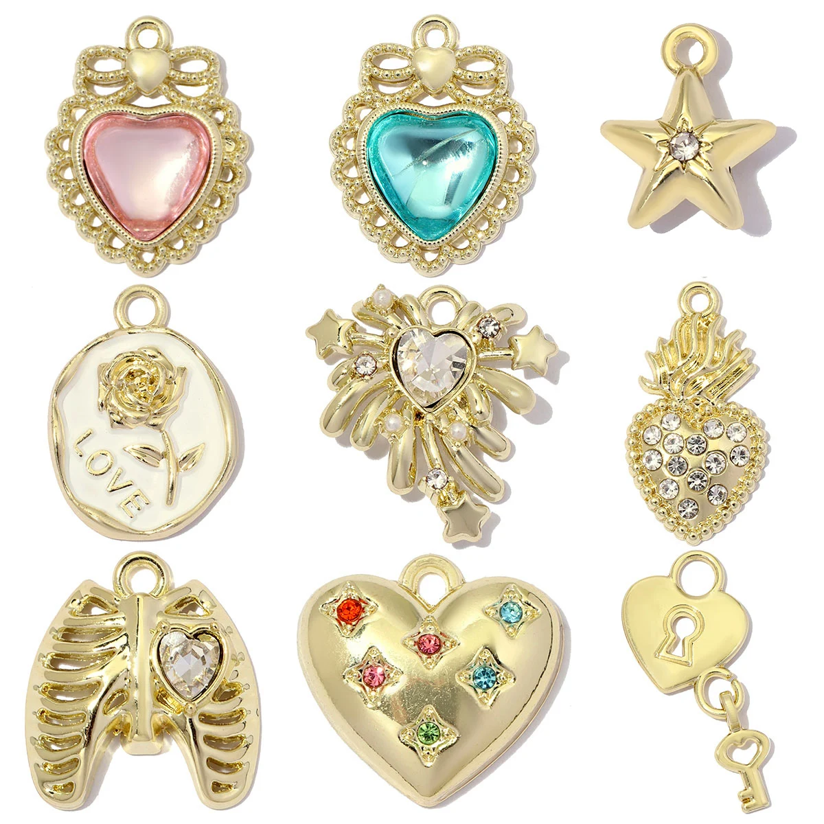 7pcs/lot High Polished Crown Heart Lock Key Gold Plated DIY Charm Women Thoracic Skeleton Pendant Necklace Earring Make Jewelry