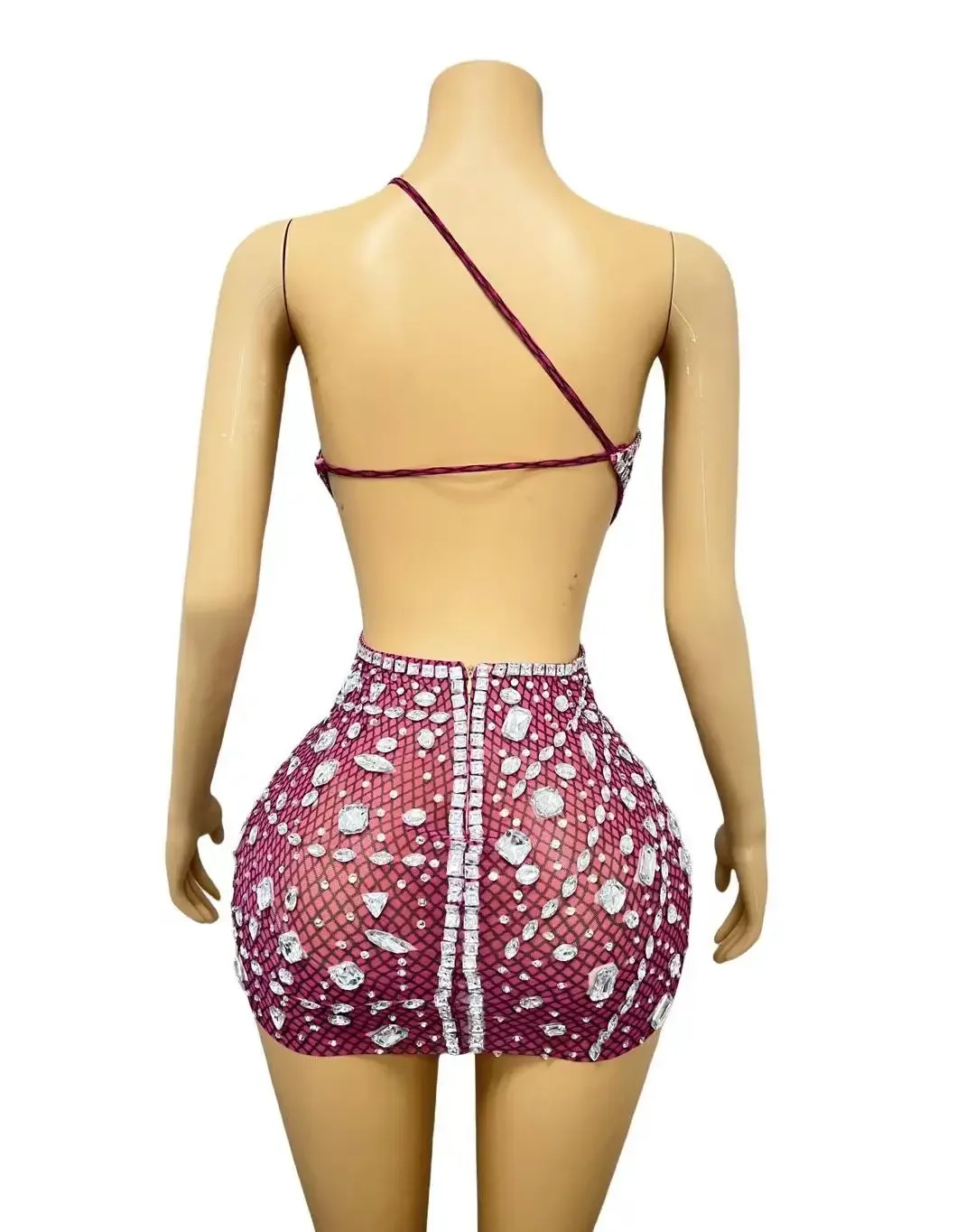 Mulheres sexy ver através de strass vestido de jantar de aniversário rosa festa clube vestido trajes dançarino sem costas cortar baile mini vestidos