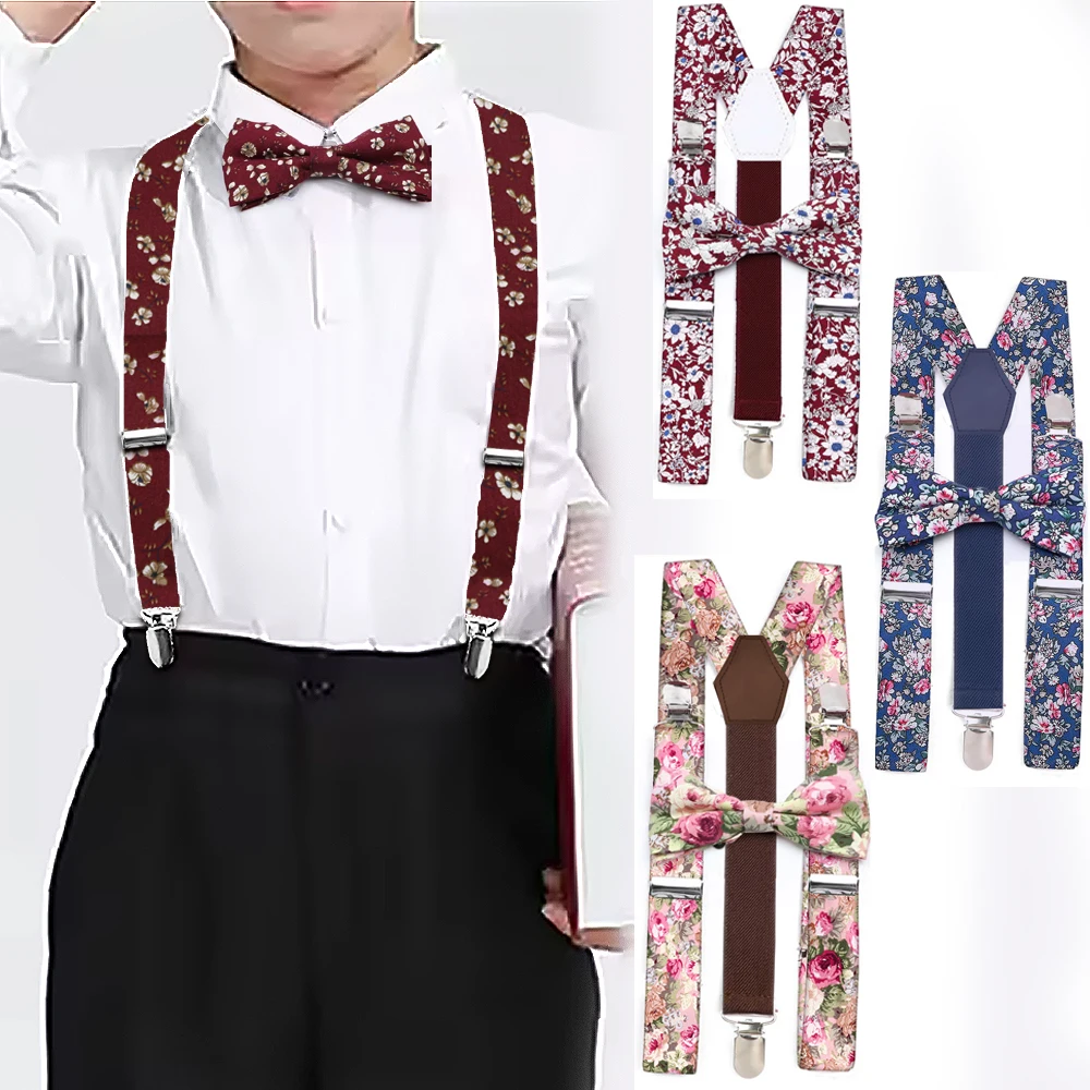 

Printed Floral Cotton Bowtie Suspender Set Parents-Children Bowtie Suspender As Daily Wear Party Dress Shirt Suit Accessory Gift