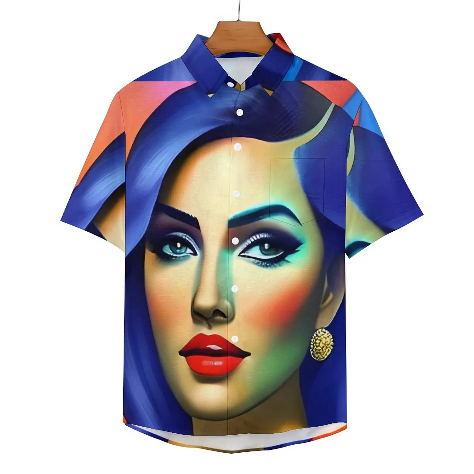 

Lady Face Board Print Casual Shirts Cubist Style Vacation Shirt Hawaiian Aesthetic Blouses Man Graphic Plus Size