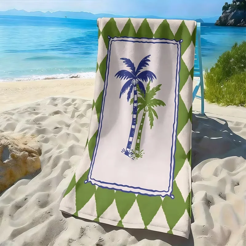 Green Argyle Palm Tree Tropical Print Beach Towel Quick Dry Sandproof Towel Preppy Coastal Hawaiian Summer Beach Towel