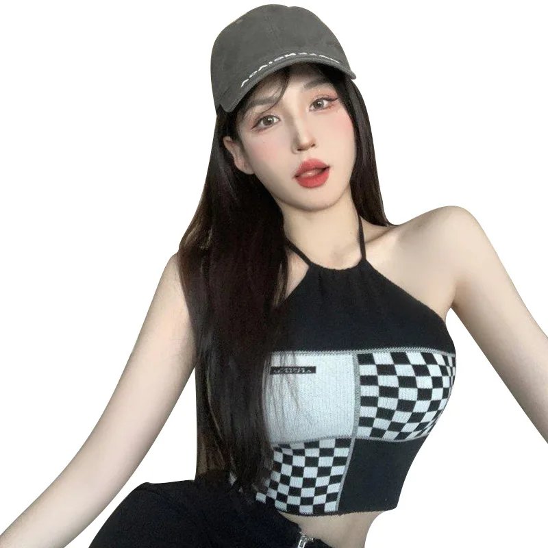 Gothic Hault Tank Top Woman Plaid Camis for Women Sexy Crop Tops Backless Cropped Feminino