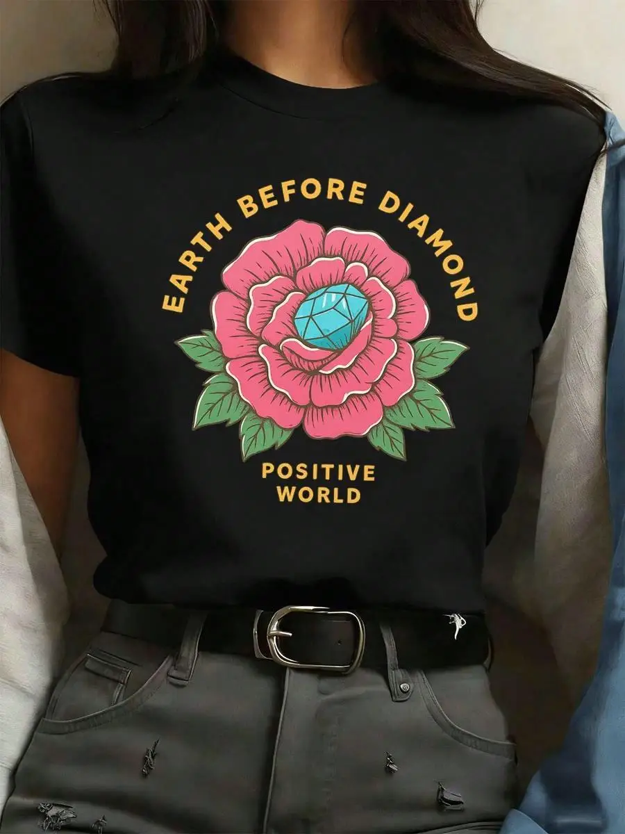 

Floral Graphic Earth Diamond TShirt Women 100_ Cotton, Loose Fit, Casual, Breathable