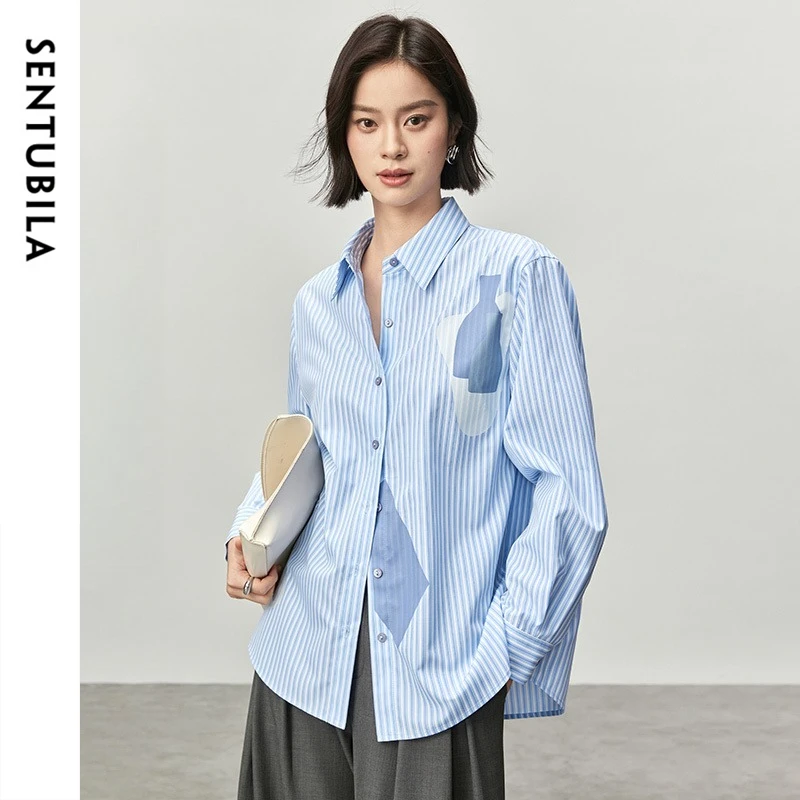 

SENTUBILA полосатая рубашка с художественным принтом, женская рубашка весна-осень 202, повседневная свободная женская рубашка на пуговицах с длинными рукавами, одежда Q43C56603