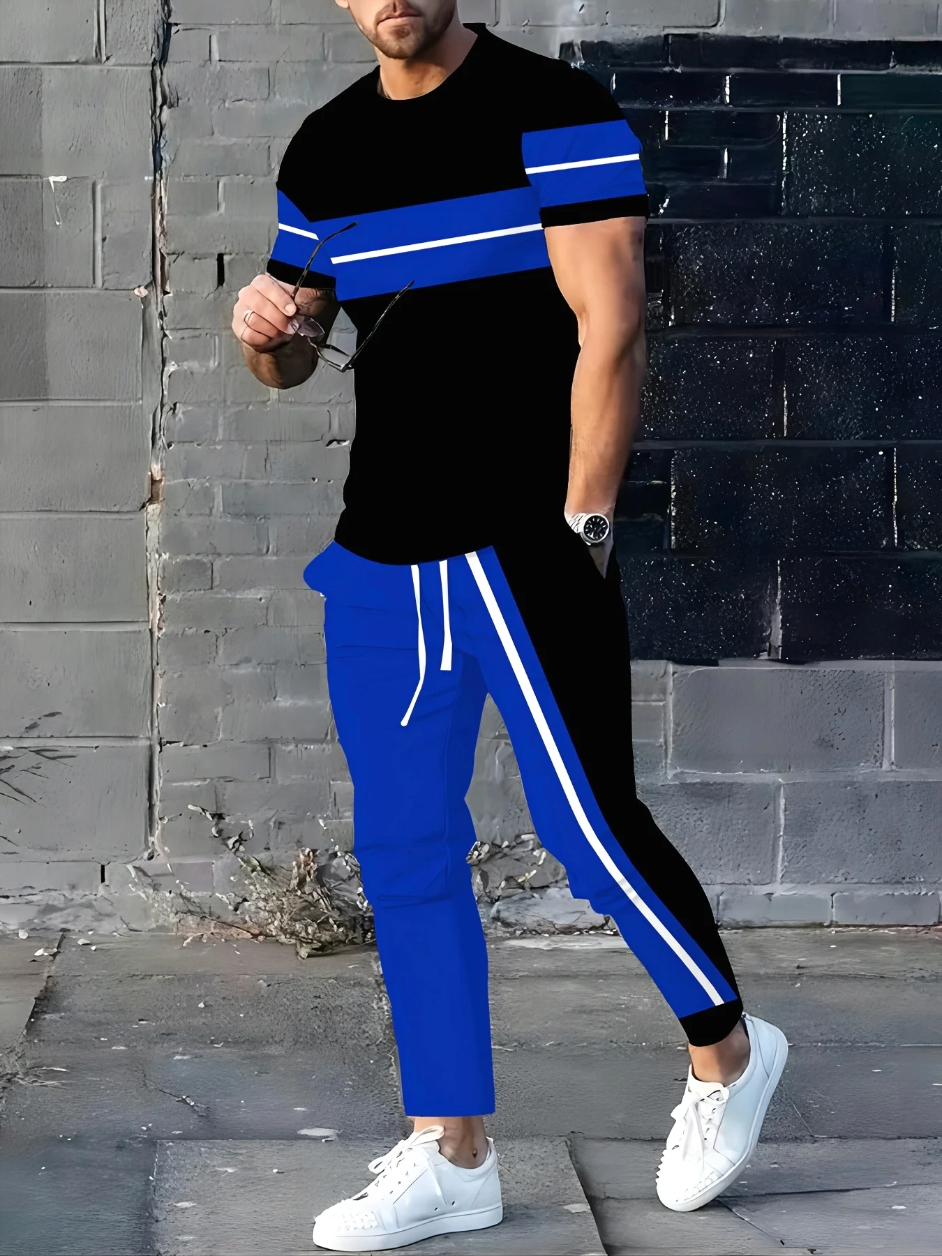 

New Men's Summer Stripe Printed Comfortable Breathable Round Neck T-shirt Pants Set Outdoor Urban Casual Two Piece Set