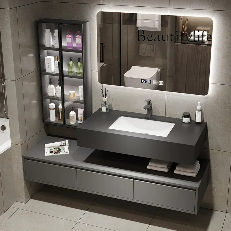 

z.ModernLuxury Bathroom Cabinets With Side Cabinet Rock Ceramic Basin Bathroom Vanity Cabinet Display Gabinete Trendy Furniture
