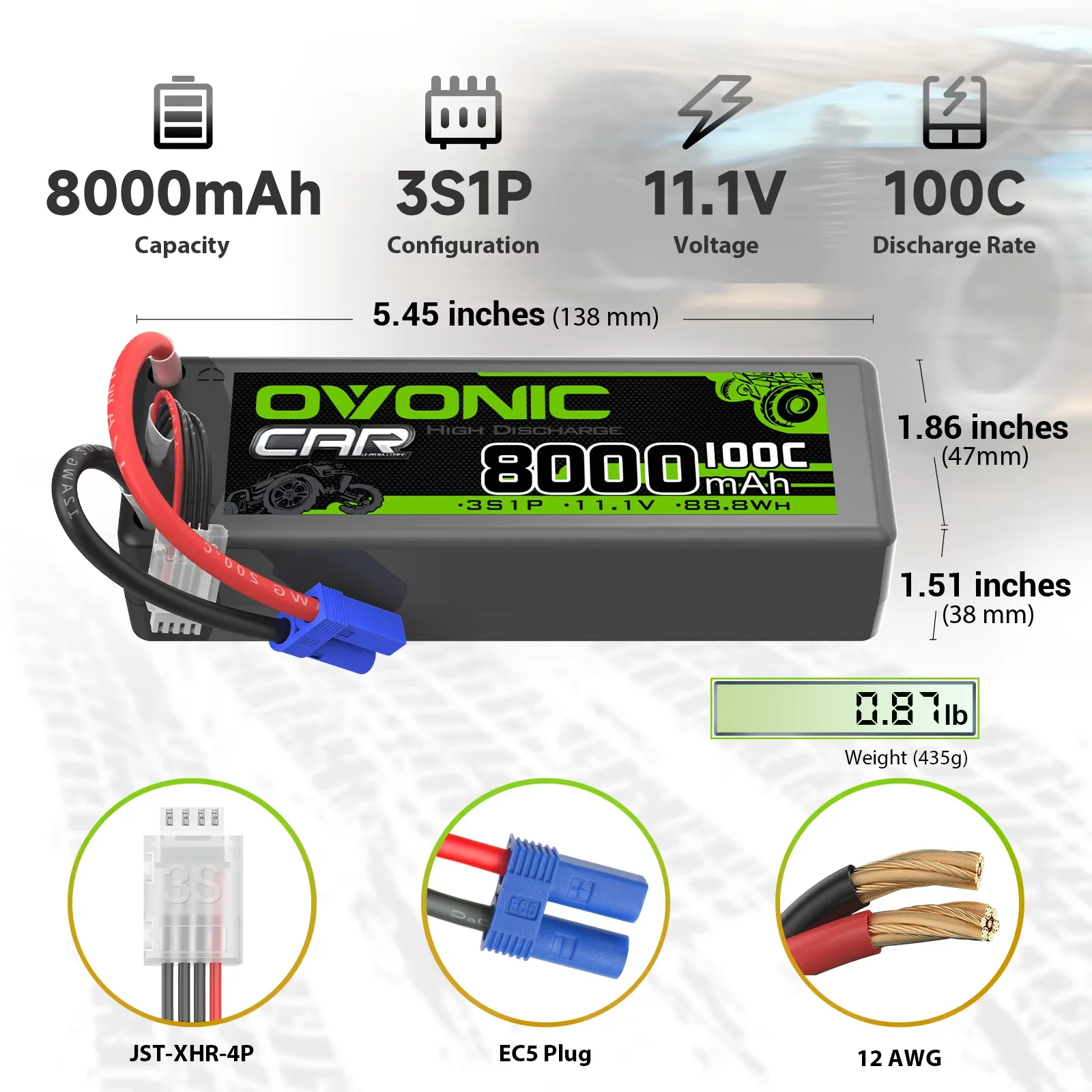 Ovonic 3S 11.1V 8000mAh 100C LiPo Battery EC5 Plug 2 Pack for 1/8 1/7 Scale RC Monster Truck RC Racing Hobby