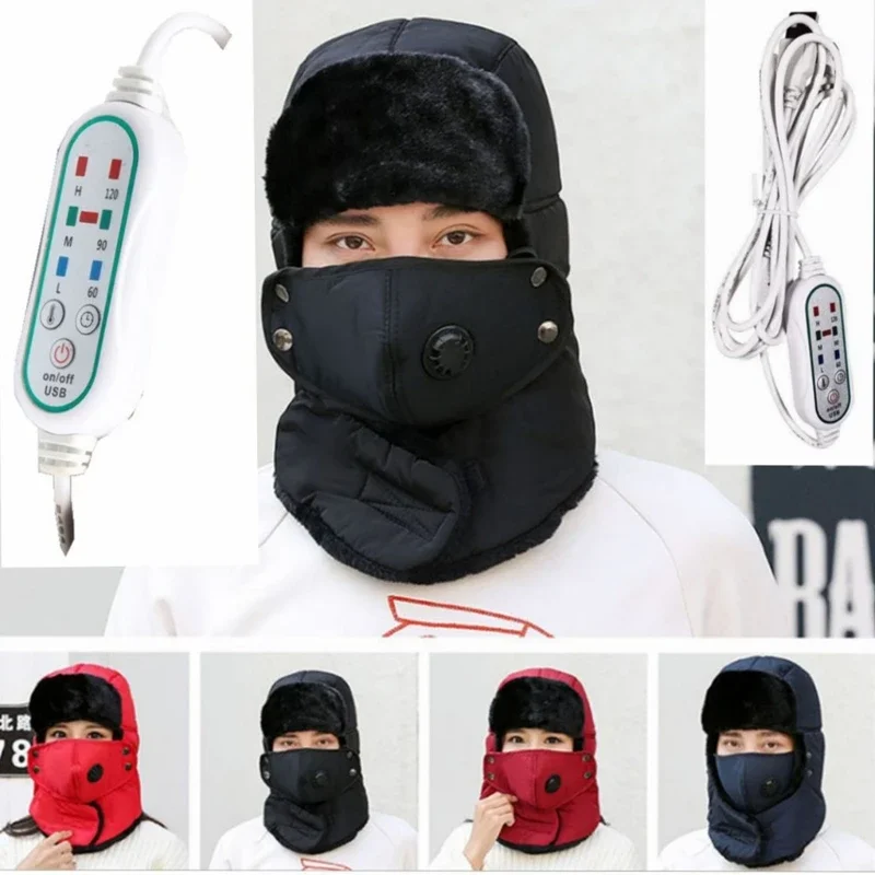 Electric Heating Hat Earflap Thermal Trapper Hat Thermostat Soft Plush Bomber Hat Heat Balaclava Heated Neck Wrap R7RF