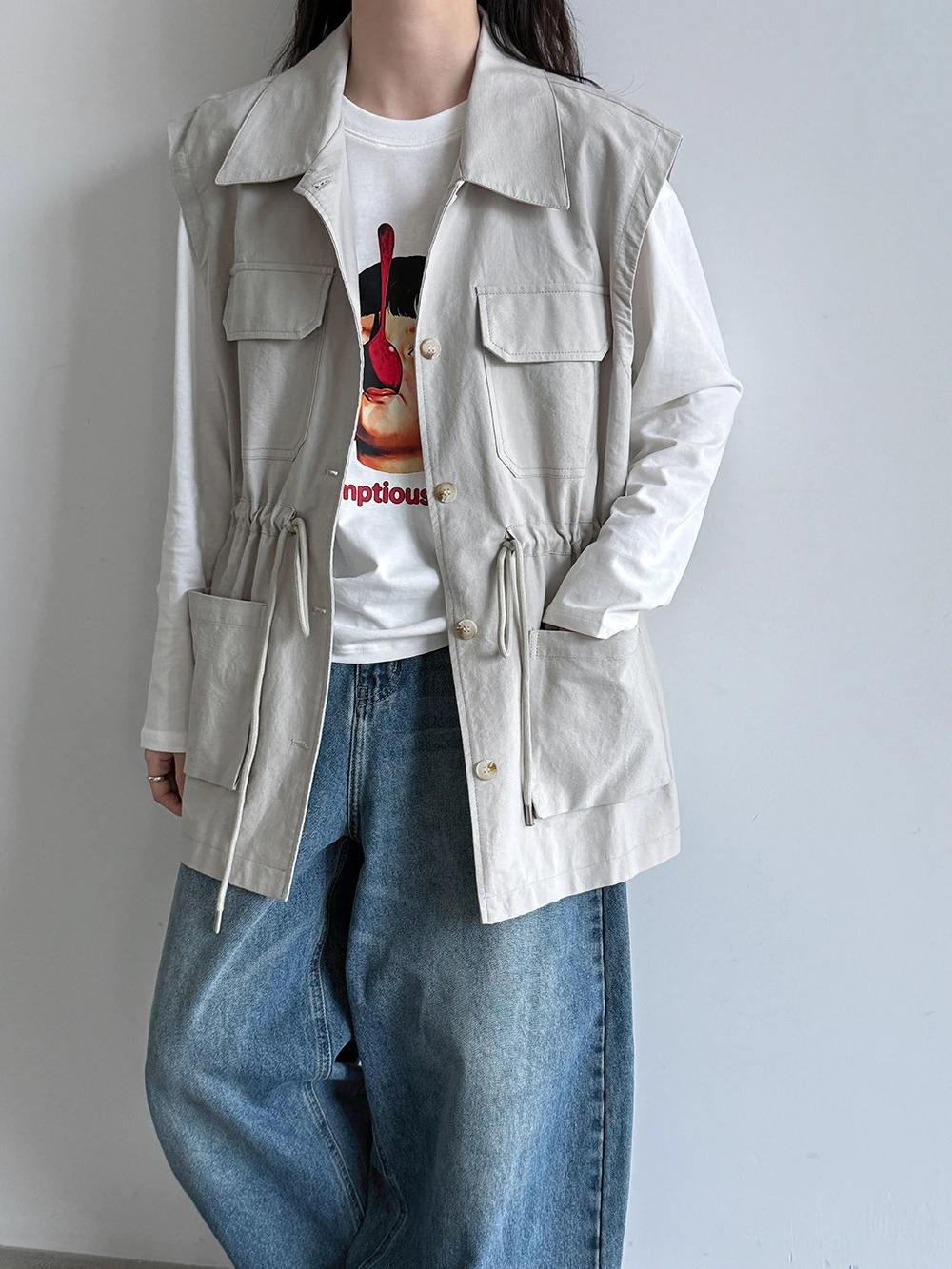 2026 Spring Women Utility Vest Lapel Collar Button Down Multi Pocket Drawstring Waist Long Gilet Coat