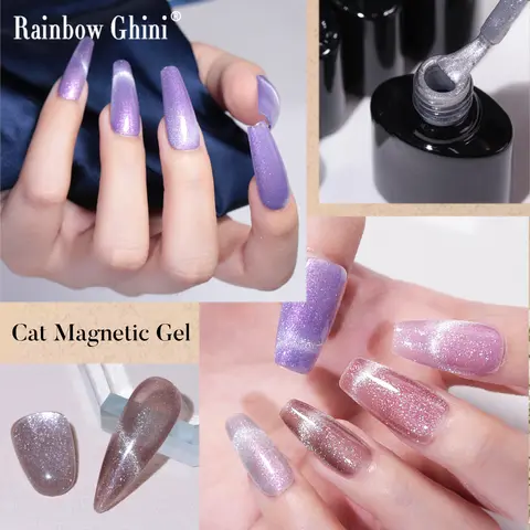 Rainbow Ghini Vernis à Ongles Gel Effet Œil de Chat Rose Aurora, Effet Diamant Concassé, Magnétique, Soak Off, pour Manucure en Salon