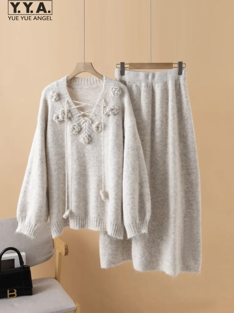 Fashion Designer Elegant Women V Neck Stereoscopic Flower Loose Knit Tops Jacket Skirt Two Piece Sets Casual Lady Autumn Winter