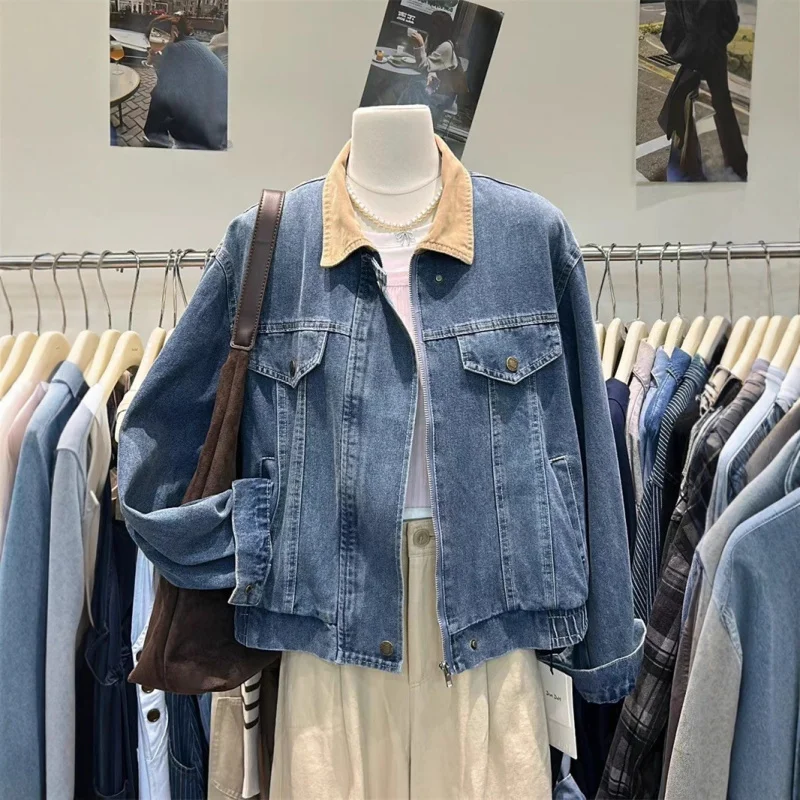 

2023 Korean Retro Color Block Turn-Down Collar Zipper Women, New Autumn Design, Loose Fit Versatile Top