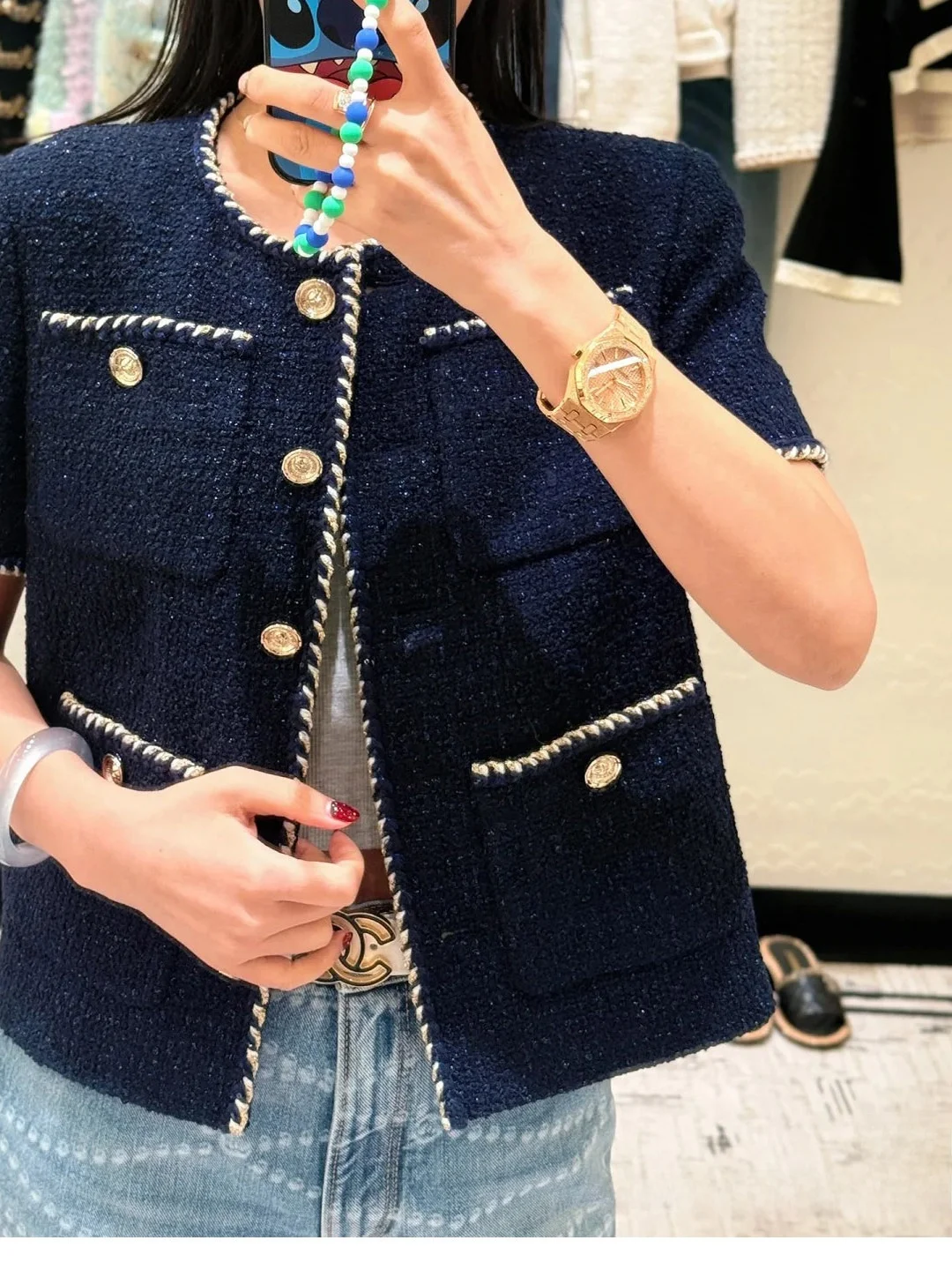

Summer 2025 New Sle ort Knitted Tweed Coat round Ne Women's Faion Versatile Lady Top Commute Sle Straight Tube ape