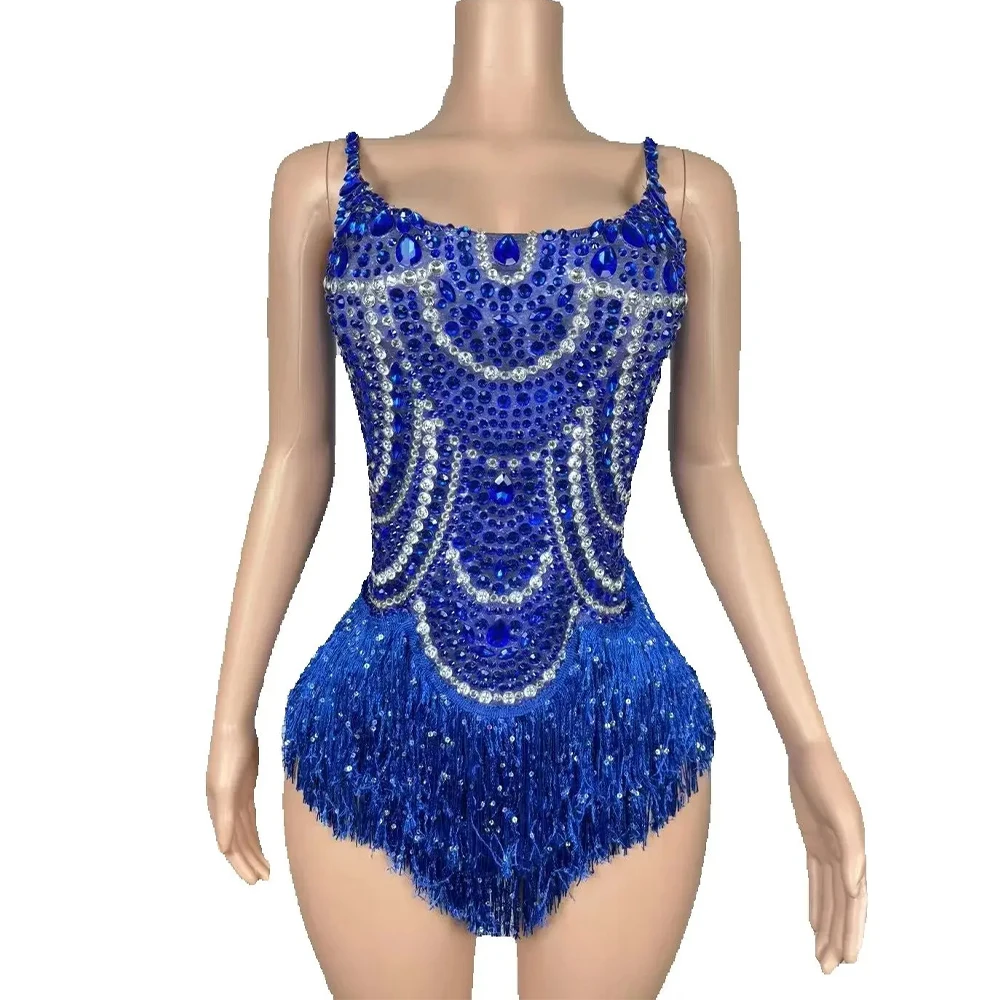 

Sexy Sparkly Blue Rhinestones Tassels Bodysuit Women Birthday Performance Dance Costume Nightclub Singer Dancer Stage Wear