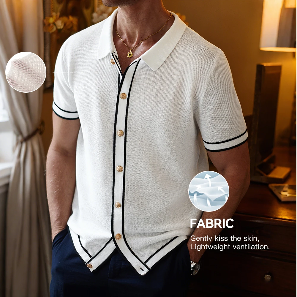 

Men's Polo Shirts 2025 Summer Mens Retro Knit Lapel Striped Brand Fashion Short-Sleeved Breathable Casual Slim Tops Men US Size