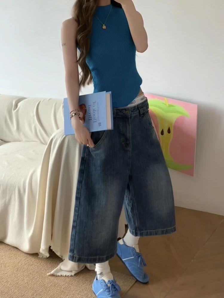 Sweet Cool Spicy Girl American Style Seven-Five Denim Shorts Women Summer Design Loose Slim Straight Leg Wide Leg Mid-Pants