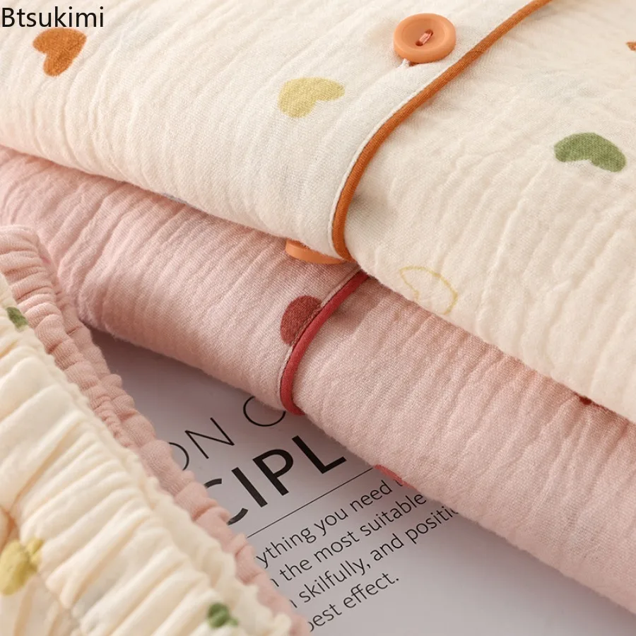 2025Women's Casual Soft Pajamas Set Heart Printed Cotton Turn-down Collar Long Sleeve Tops and Pant Sets for Sleepwear Household