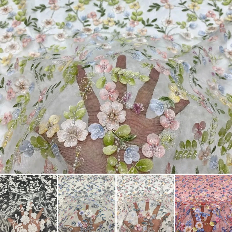 1/5yard French Spring Flower Design Handmade Embroidered Net Lace with Beads Sequins High Quality for DIY Party Evening Dress