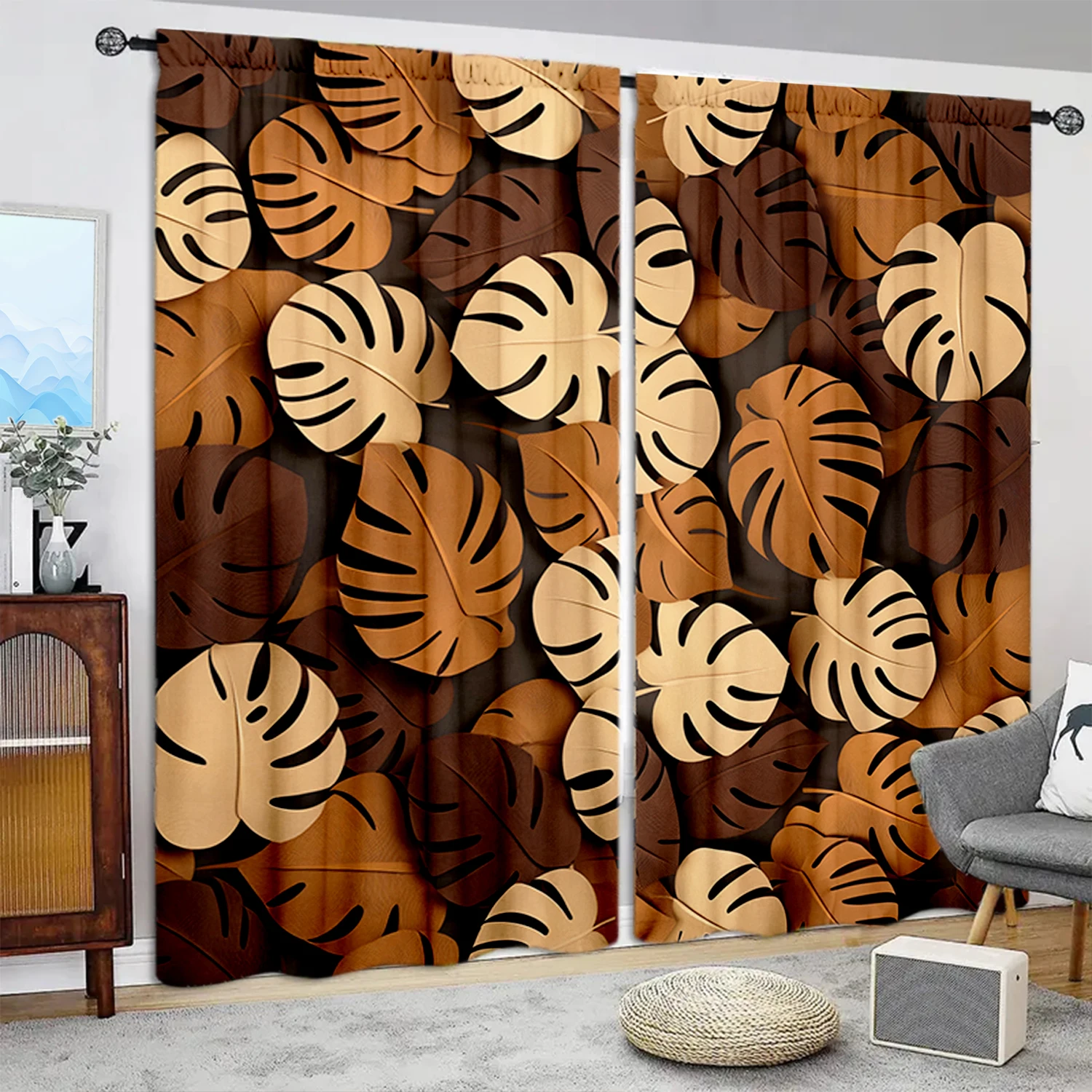 

2 шт. занавеска с принтом листьев для домашнего декора - карман стержневым карманом для обработки окон для спальни, офиса, кухни, гостиной