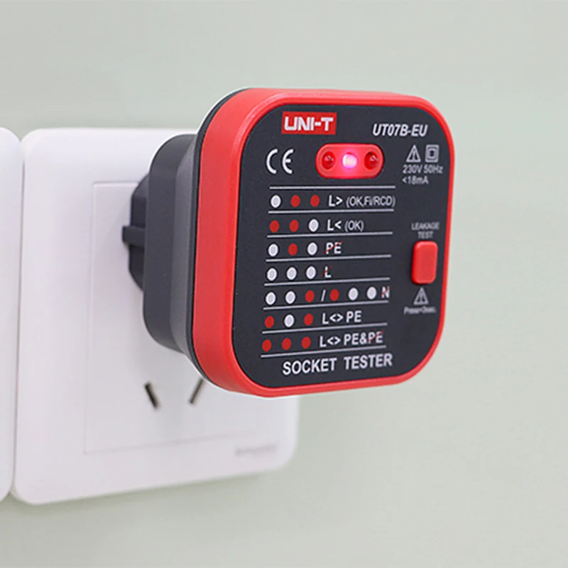 Tester gniazdek UNI-T UT07B-EU, detektor wtyczek EU, sprawdzanie uziemienia, neutrali, faz, polaryzacji, wykrywanie uszkodzeń przewodów, test RCD, test wycieku. — zdjęcie 7
