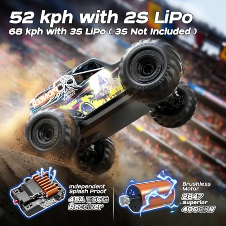 RC car for adults, brushless motor, black, 42mph speed with oil shock absorbers and dual 2S LiPo batteries