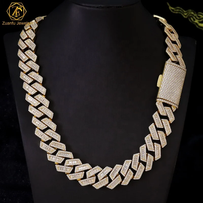 Luxury Big 20mm Hip Hop Baguette Moissanite Cuban Link Chain Gold Plated 925 Sterling Silver Vvs Diamond Cuban Necklace